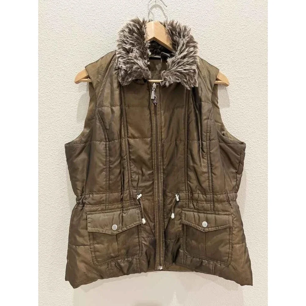 Jane Ashley Faux Fur Collar Quilted Puffer Vest Brown Large Vintage Gorpcore Y2K
